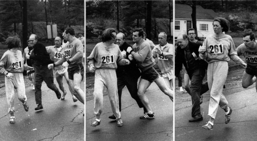 three photos show a man trying to grab a woman running a race, second photo shows man being shoved, third photo shows woman continue to run