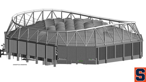 Conceptual rendering of Syracuse University's stadium with a curved, inflated roof and geometric exterior framework