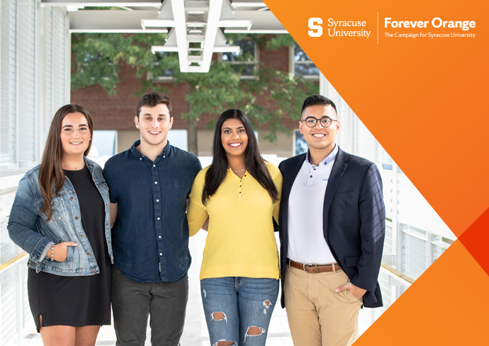 Four people smiling on a modern walkway with greenery, alongside “Syracuse University” and “Forever Orange” campaign text overlay.