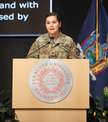 Isabella Lee speaks at the dedication of the the Daniel and Gayle D’Aniello Building, home of the National Veterans Resource Center