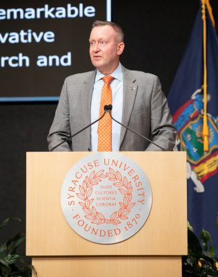 J. Michael Haynie speaks at the dedication of the Daniel and Gayle D’Aniello Building, home of the National Veterans Resource Center