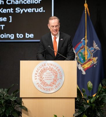 Chancellor Kent Syverud speaks at the dedication of the Daniel and Gayle D’Aniello Building, home of the National Veterans Resource Center