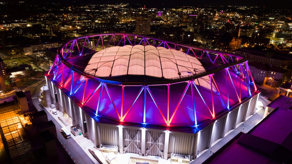 stadium lit up at night