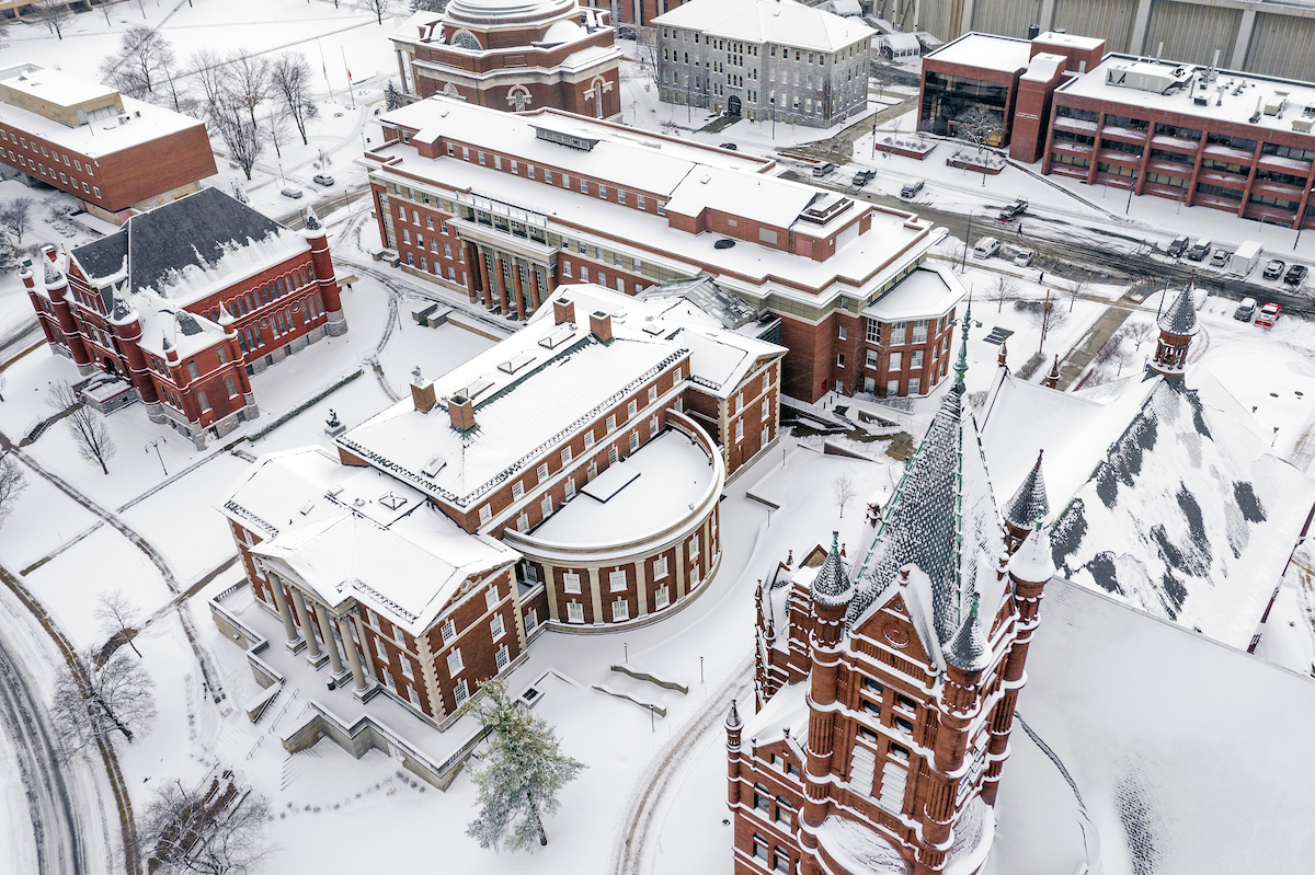 Aerial view of Syracuse University campus coved with fresh snow