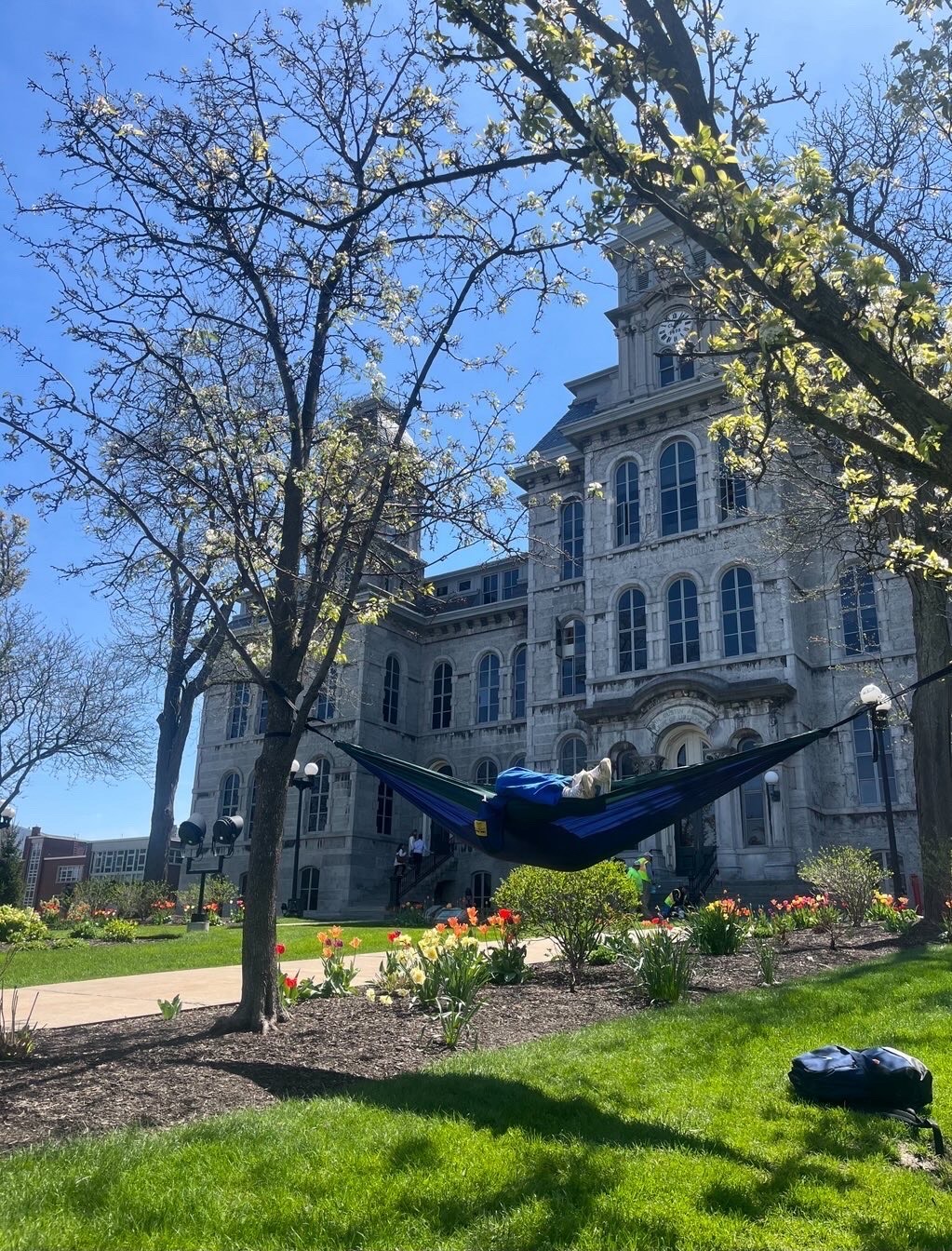 Individual in a hammock between two trees in front of the Hall of Languages.