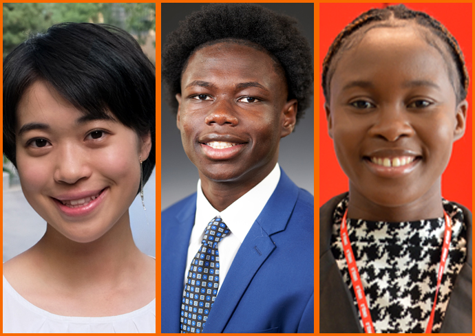 Three students smile while posing for headshots