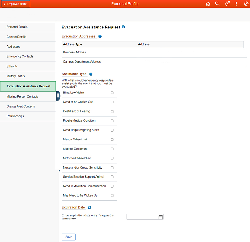 screenshot of the Evacuation Assistance Request form in the Personal Profile section of MySlice. It includes many points for data input, including evacuation addresses, assistance type needed and expiration date.