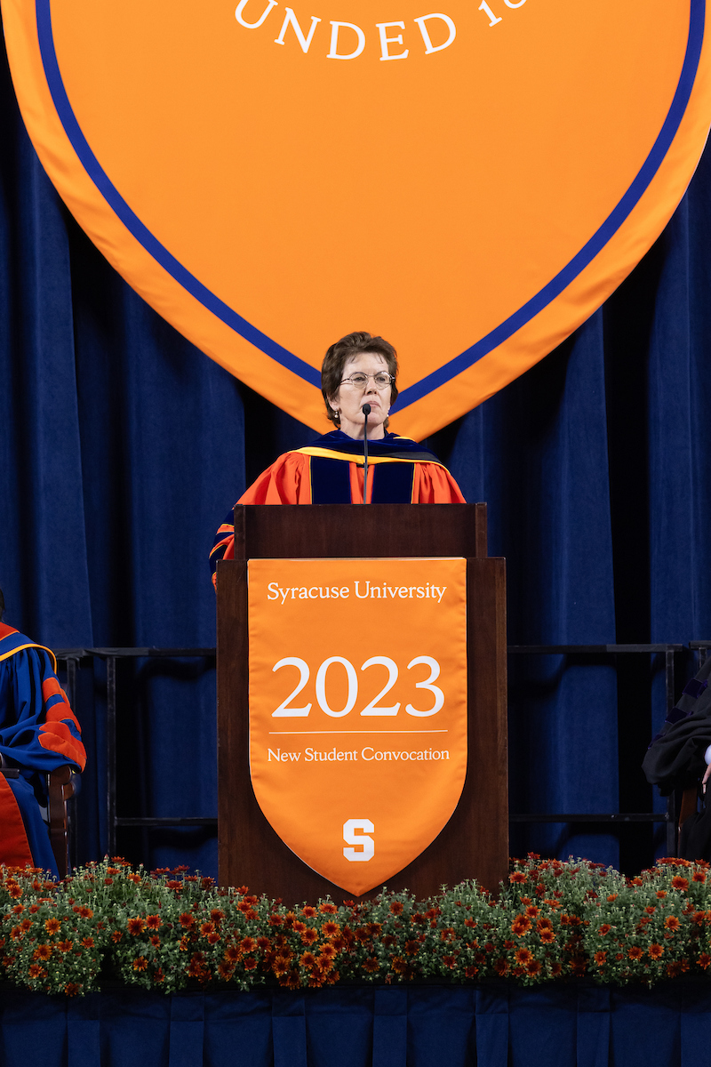 Provost Gretchen Ritter speaks from the podium at New Student Convocation