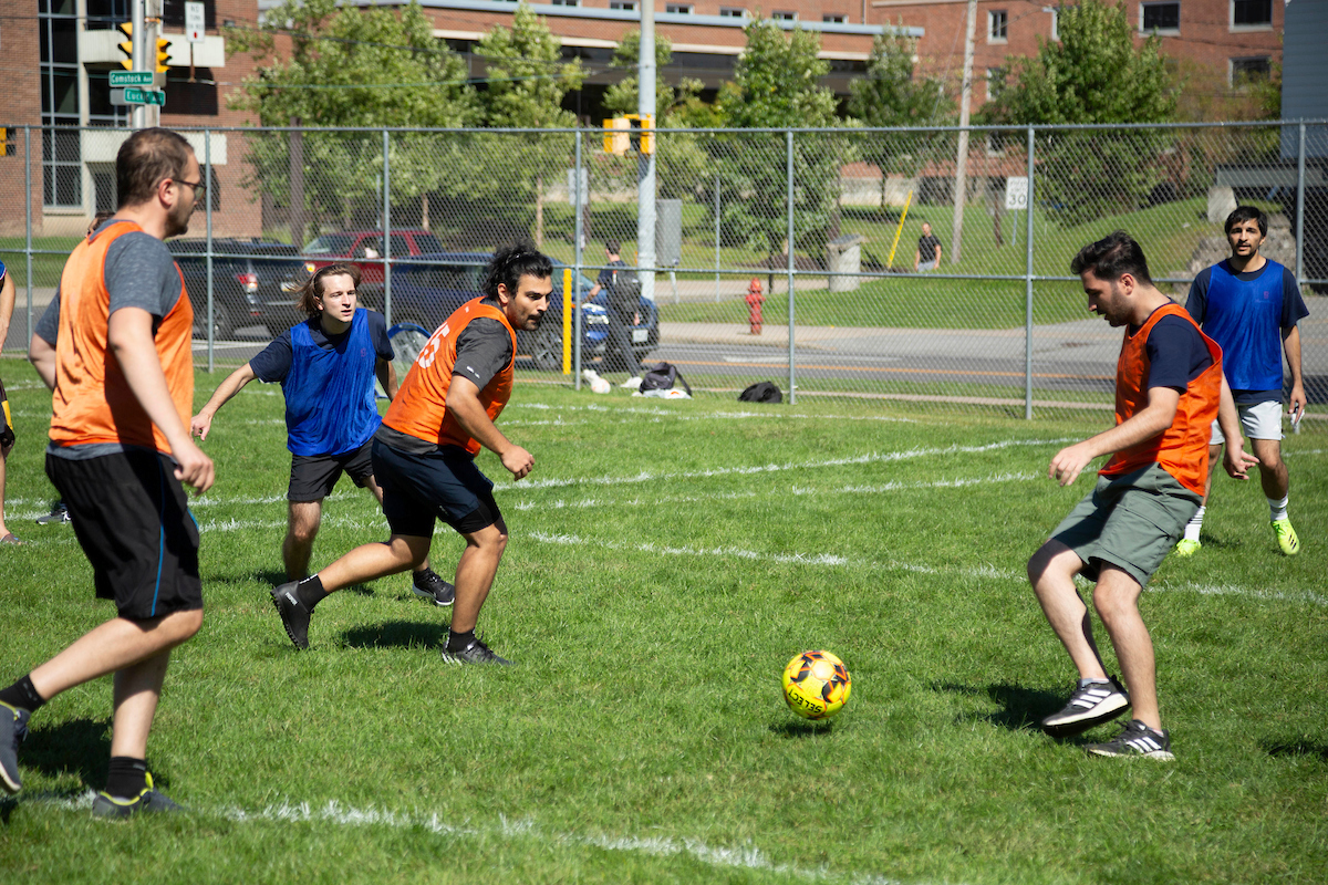 Students playing soccer