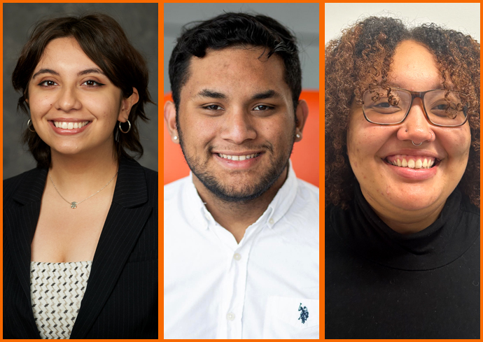 Three students pose for headshots as part of a story capturing Latine Heritage Month on the Syracuse University campus.