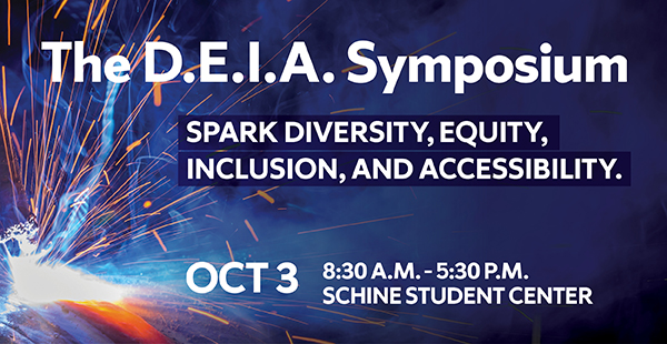Promotional banner for The D.E.I.A. Symposium with event details and tagline “Spark Diversity, Equity, Inclusion, and Accessibility” on a dark blue background with light effects.