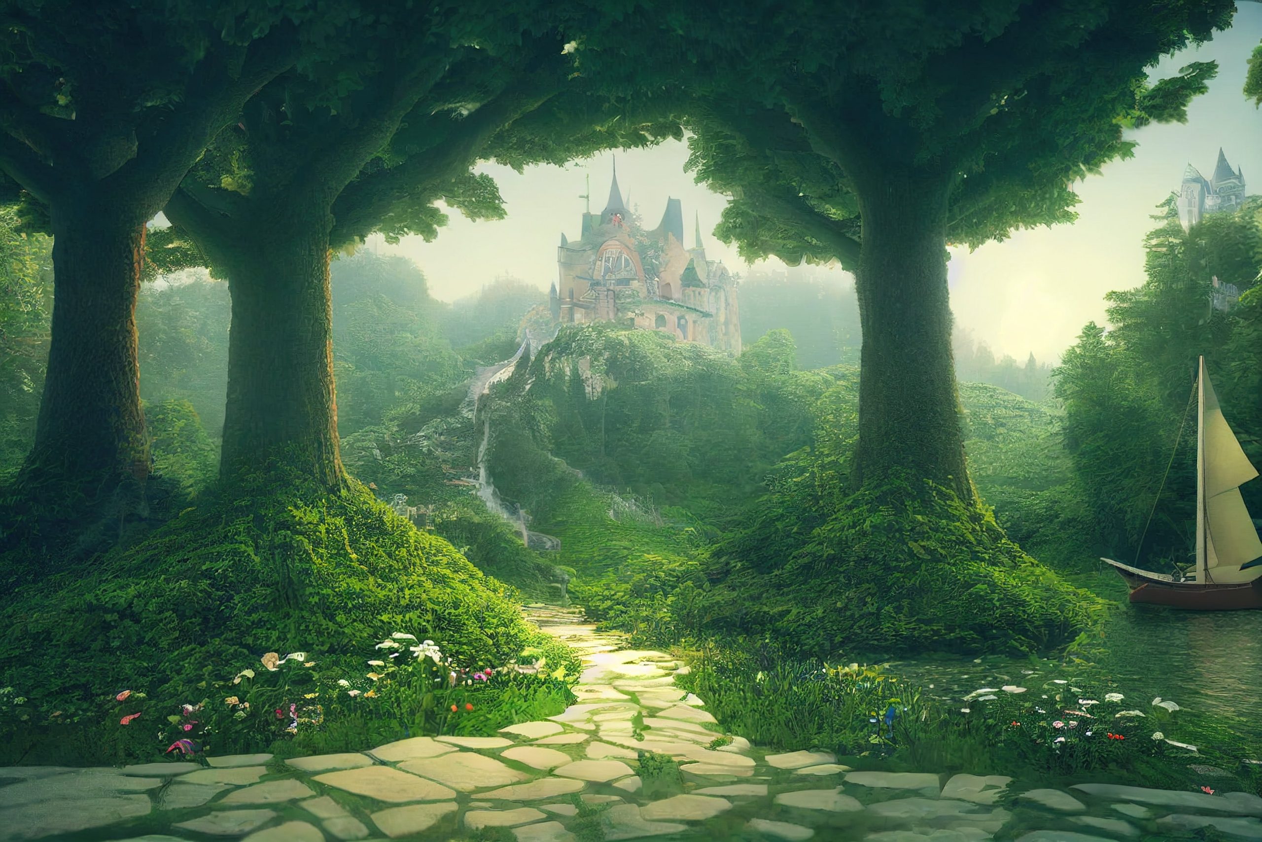 drawing of castle beyond a forest setting