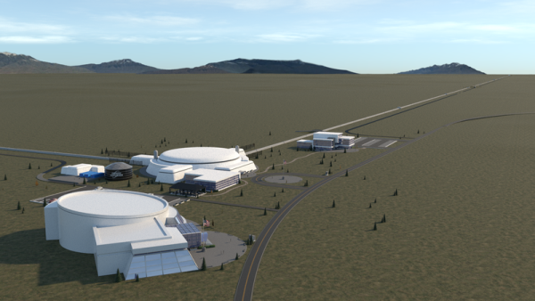Rendering of two large white buildings and one smaller one on what looks like flat land with larger hills in the backgound.