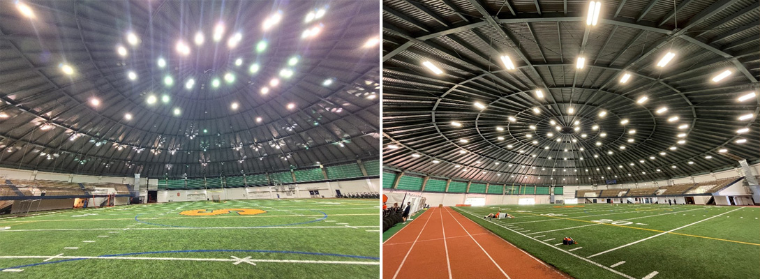 composite of the Lally Athletics Complex arena's interior lighting fixtures before (left) and after recent upgrades to LEDs