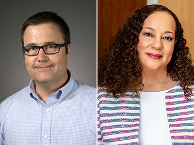 composite portrait of faculty members Kendall Phillips and Kira Reed