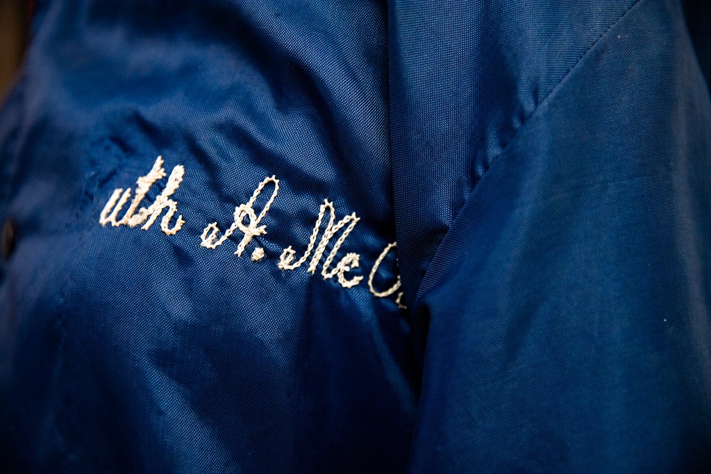 close up of name stitched on a jacket