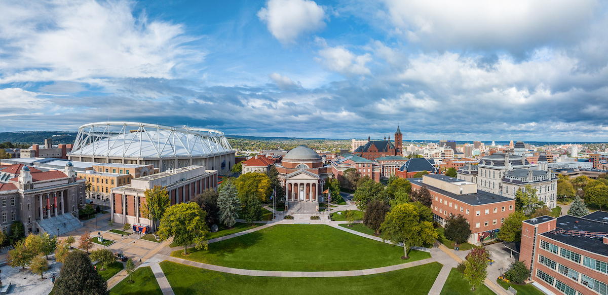 A view of Hendricks Chapel from the Drone on a crisp fall day with abundant blue sky