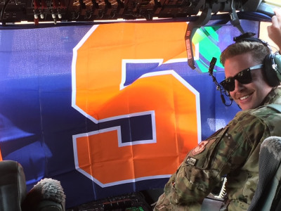 U.S. Air Force Lt.Cmdr. Sean Stumpf ’07 in the pilot’s seat of a C-130. (Photo courtesy of Sean Stumpf)
