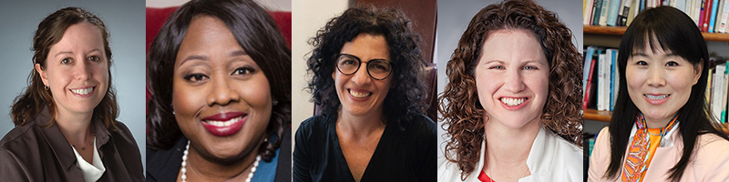 Collage of five individual portraits, each person dressed professionally with varied backgrounds including plain settings and bookshelves.