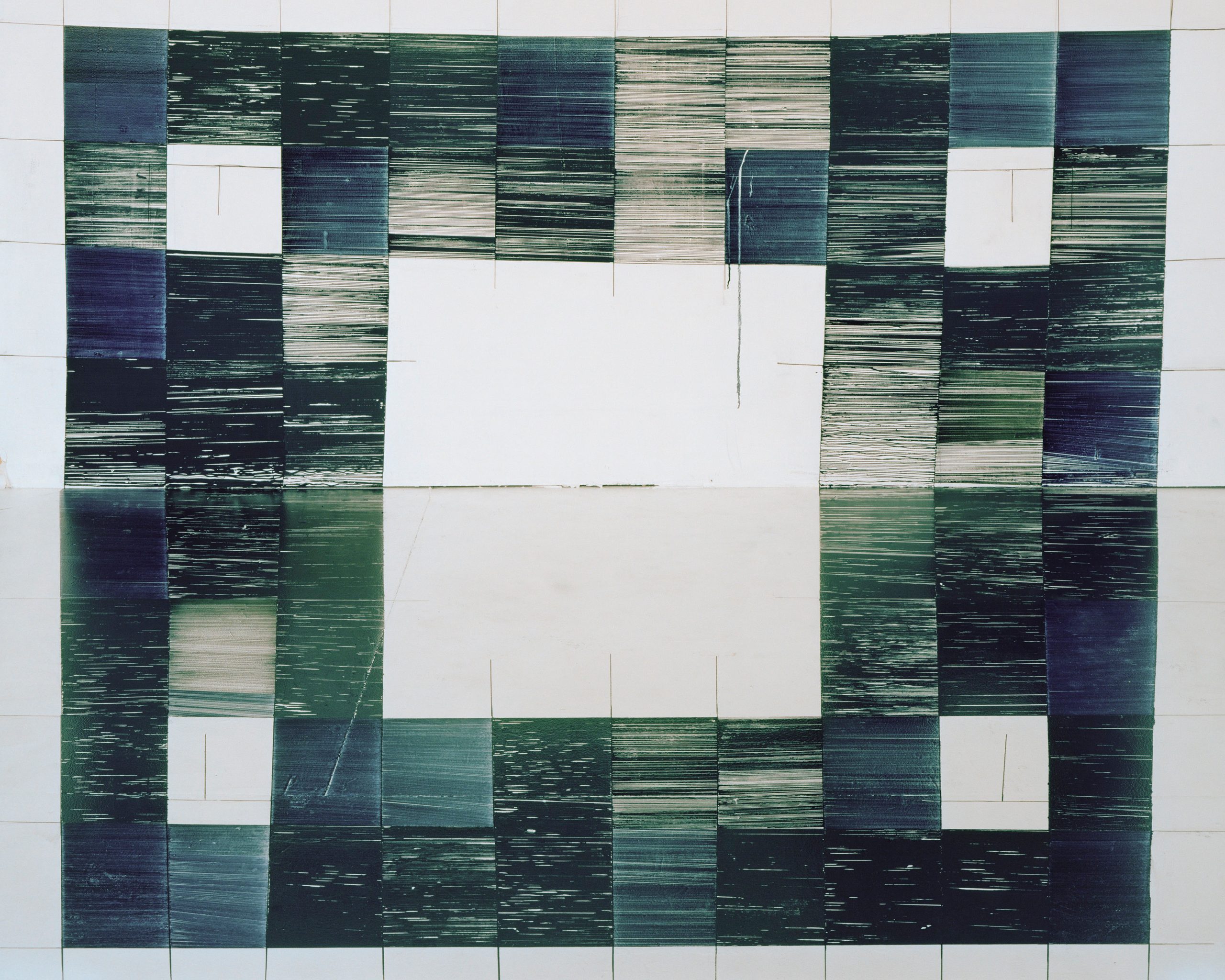 60 squares of different shades of green and white