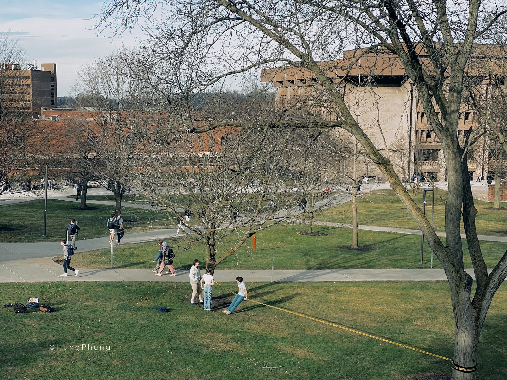 people hanging out on campus