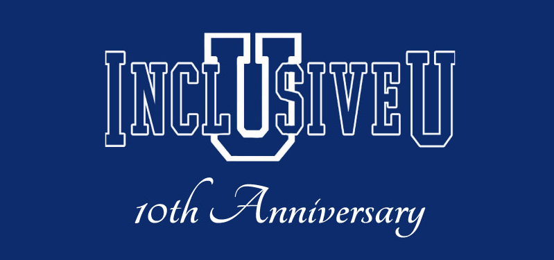 InclusiveU 10th Anniversary logo with large white text on a blue background.