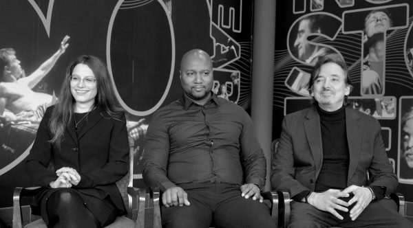 Project Mend team members (from left) Katherine Nikolau '24, Michael J. Willacy and Patrick W. Berry giving a lecture at Syracuse Stage.