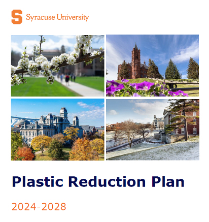 Plastic reduction plan 2024-2028 with four pictures of the University during the four seasons