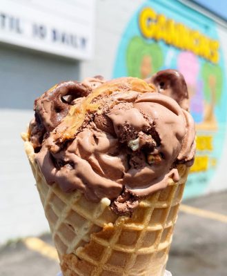 Ice cream in a cone in front of a building