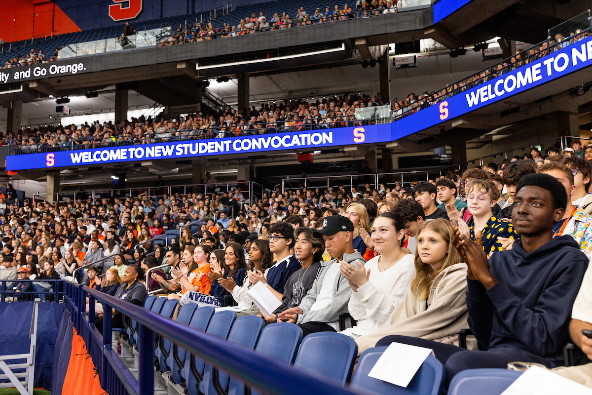 Students sitting in the stands in the JMA Dome.