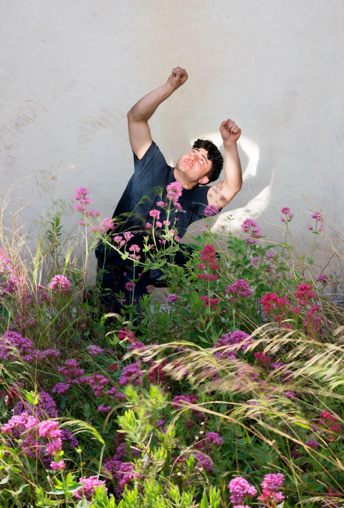 person standing in flower patch