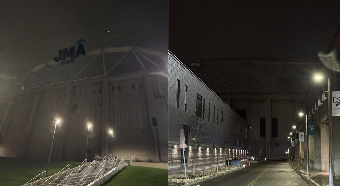 A composite of two images: at left, the JMA Wireless Dome appears unlit against a night sky, with only a few light posts lighting a staircase. At right, the Dome is pictured unlit with Syracuse University and SUNY ESF campus buildings on either side of a street with light posts.