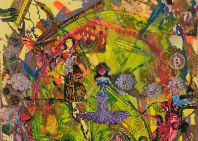 Colorful abstract collage by Esperanza Tielbaard featuring two female figures, floral elements, text snippets like “blended makes us shine,” and Bitcoin symbols.