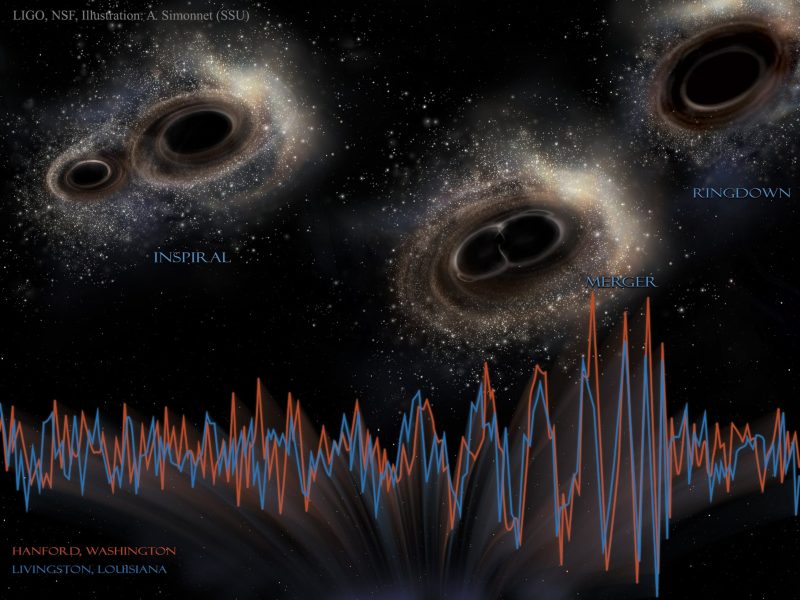 Black hole merger illustration showing two black holes spiraling together (labeled "INSPIRAL"), merging into one (labeled "MERGER"), then settling into a final state (labeled "RINGDOWN"). Below are overlaid gravitational wave signals in red and blue from LIGO detectors in Hanford, Washington and Livingston, Louisiana.
