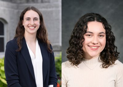 Composite image of two people, one in white blouse and blue jacket and one in white blouse. Both are smiling.