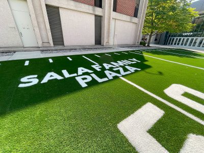 Artificial turf plaza with 'SALA FAMILY PLAZA' lettering, adjacent to a building with 'Gate P' entrance and nearby tree.