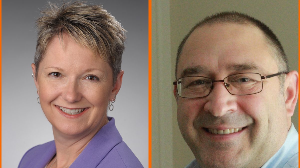 A composite photo of two faculty members smiling while posing for headshots.
